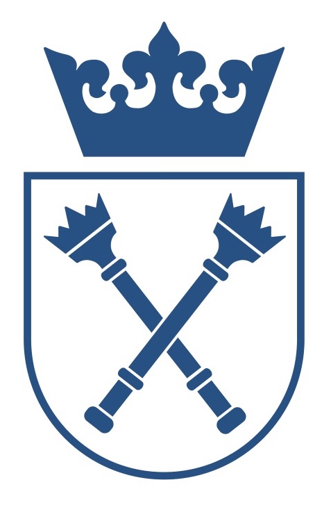 Herb Uniwersytetu Jagiellońskiego. Herb w kolorze niebieskim. Na dole tarcza, na której znajdują się dwa skrzyżowań berła. Nad tarczą korona w kolorze niebieskim